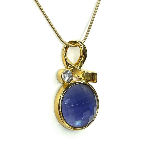 ROSS SIMONS Necklace 14K Gold / 925 Silver Sapphire Blue Clear CZ O27 - Picture 2 of 4